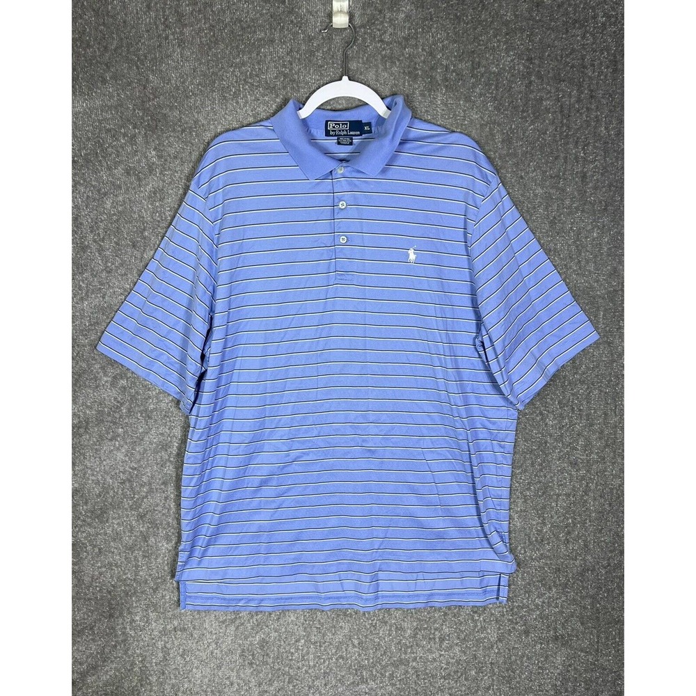 POLO Ralph Lauren Polo Shirt Men Size XL‎ Blue Striped Short Sleeve Pima Cotton